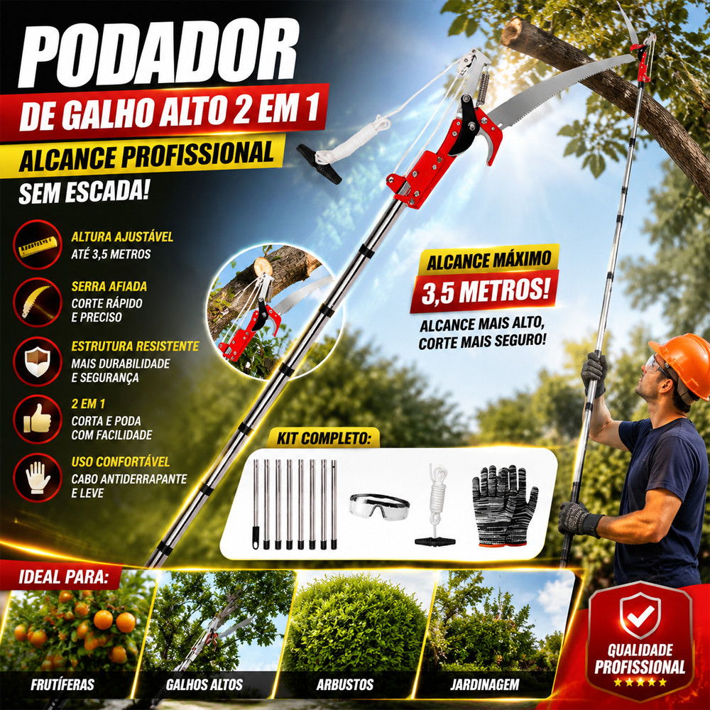 2 Em 1 Back Field Podador De Galho Alto Telescopico 3,5m/4m Com 8 Varas E Polia Dupla