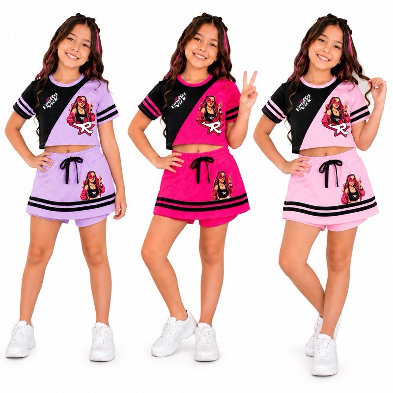Conjunto Infantil Feminino Blogueirinha Cropped com Short Saia Menina Roupa Fashion Look Estiloso Moda Infantil EVK