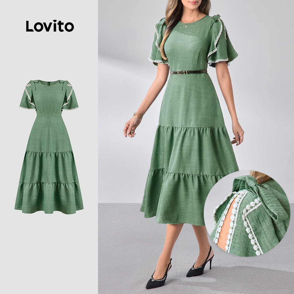 Lovito Vestido Midi Casual De Manga Curta Gola Redonda Corte Coreano Com Babados Em Camadas Para O Verão/primavera Cor Verde Para O Dia a Dia Feminina LR12L029