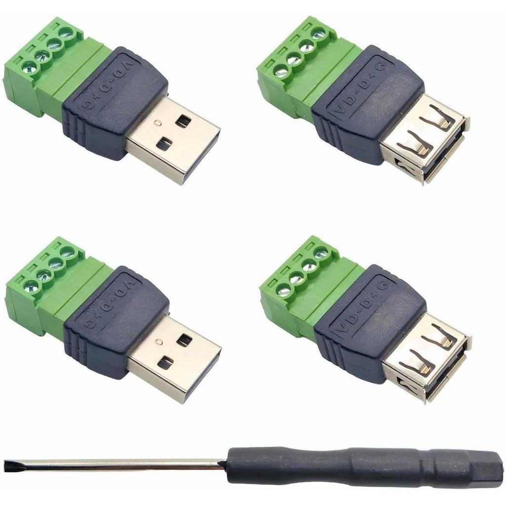 Conjunto de 4 Adaptadores USB 2.0 Tipo-A Macho/Fêmea para Conector de Terminal de Parafuso de 4 Pinos, Adaptador Portáti