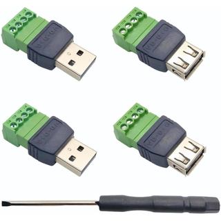 Conjunto de 4 Adaptadores USB 2.0 Tipo-A Macho/Fêmea para Conector de Terminal de Parafuso de 4 Pinos, Adaptador Portáti