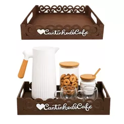Kit Bandeja Decorativa Cantinho do Café Servir Chá Provençal Espaço Café + 4 Apliques Parede Coffee