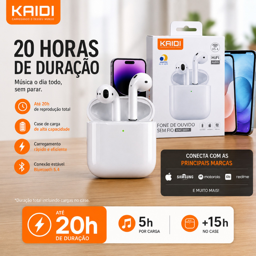 Fone Bluetooth 5.4 Sem Fio Kaidi Corrida Bateria Longa Android iPhone Academia Trabalho