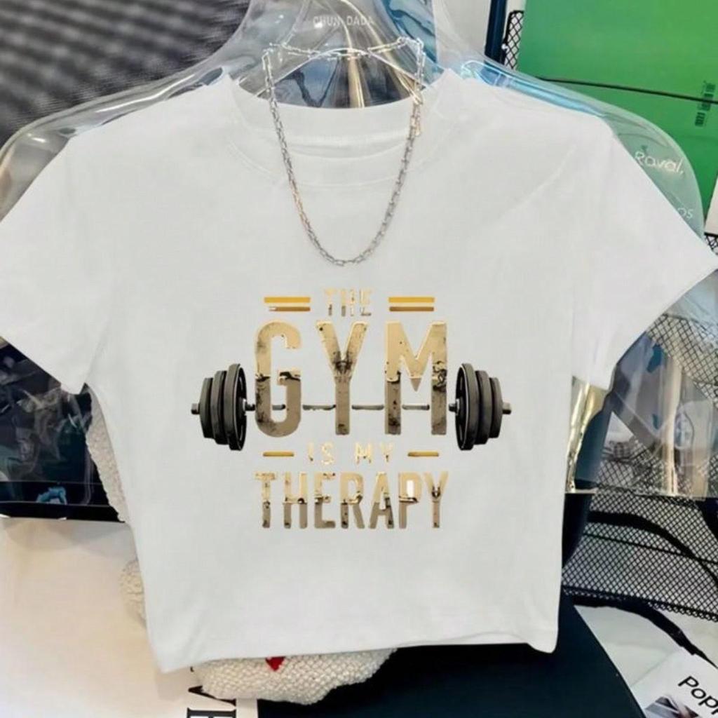 Cropped Feminino Estampa de Academia Gym Therapy Top Camiseta Leve Confortável de Manga Curta Casual — imagem 2 de 2