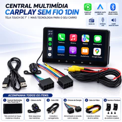Central Multimídia 1DIN 7 Polegadas CarPlay Android Auto Sem Fio Tela Touch Bluetooth Câmera de Ré