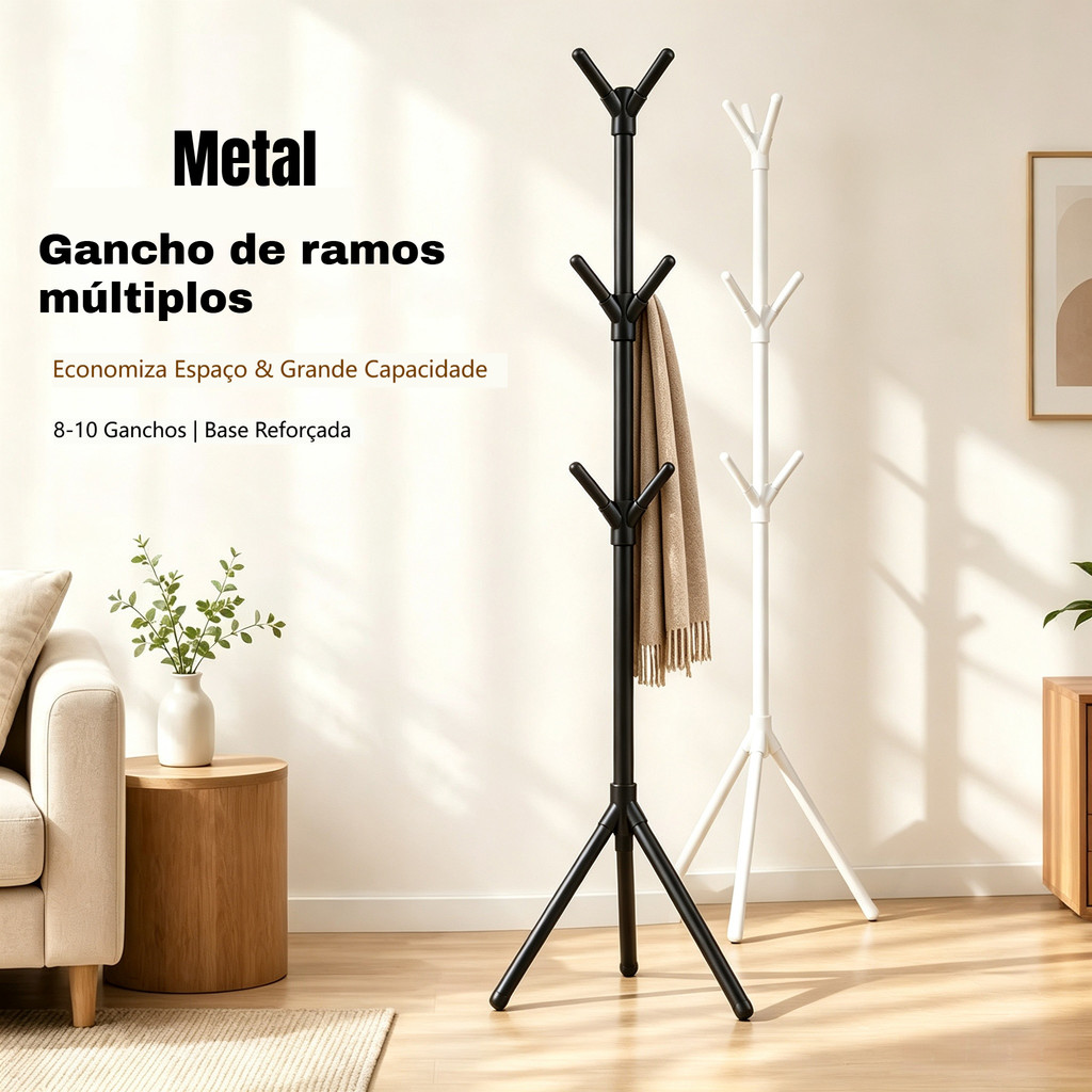 Cabideiro de Chão em Metal, Suporte para Roupas com Ganchos, Base Reforçada, Organizador para Sala e Entrada