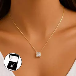 Colar Ponto de Luz Quadrado Feminino Zircônia Banhado a Ouro 18k + Caixinha para Presente