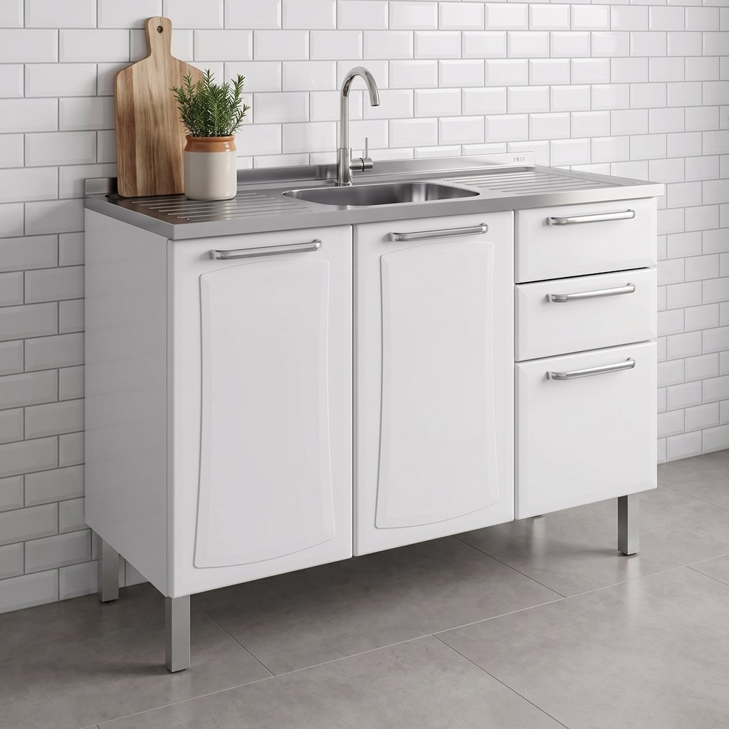 Balcão de Cozinha em Aço 3 Portas 2 Gavetas 120cm sem Tampo Tarsila Itatiaia Branco Branco