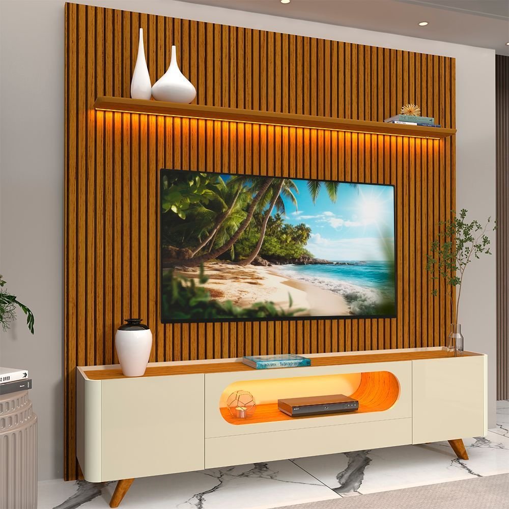 Rack com Painel para TV até 90 Polegadas Ripado 100% MDF Yescasa Marrom 310,5x224cm Pés em Madeira Maciça