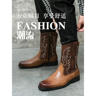 Botas Martin All-match botas de Cowboy ocidental zíper lateral boca em V manga bordada botas de cavaleiro Retro Mid-tube