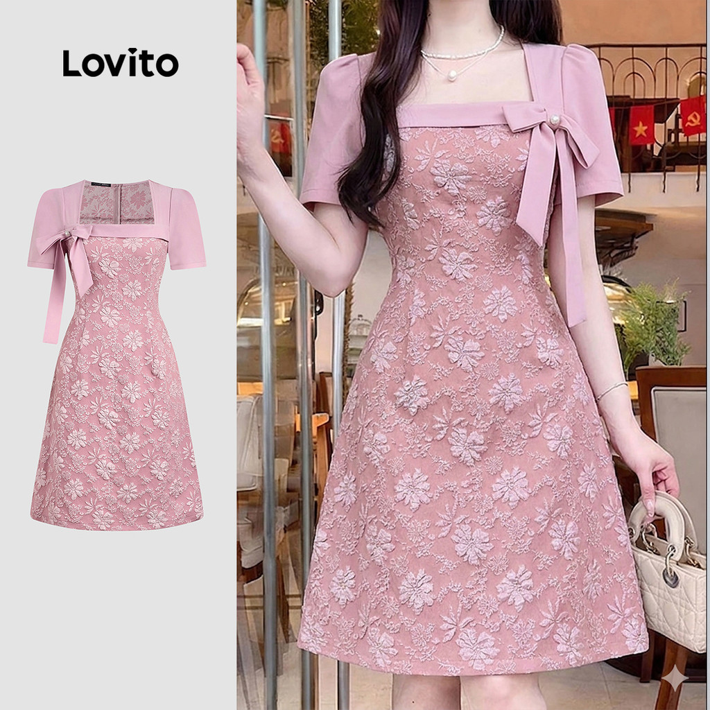 (New Arrival) Lovito Vestido Midi Casual Rosa De Jacquard Com Decote Quadrado Pr