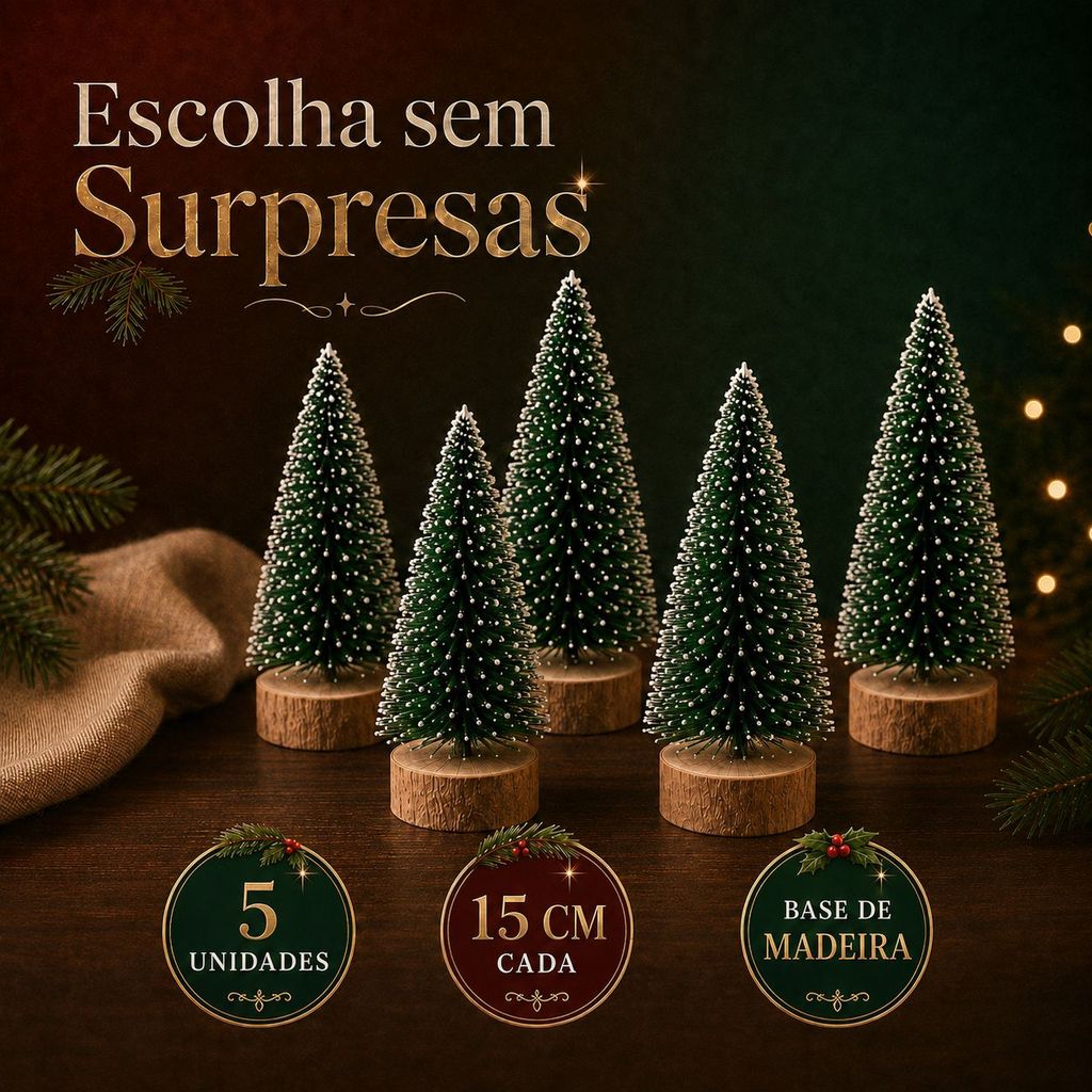 Kit Mini Arvore De Natal Nevada 15cm Pinheiro Verde Base Madeira Decoração De Natal Mesa Casa Primo — imagem 2 de 2