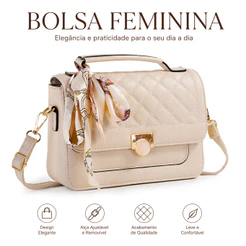 Bolsa Feminina Baú Transversal Média com Lenço Alça Tiracolo Estruturada e Espaçosa
