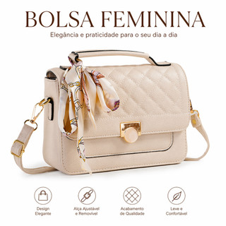Bolsa Feminina Baú Transversal Média com Lenço Alça Tiracolo Estruturada e Espaçosa