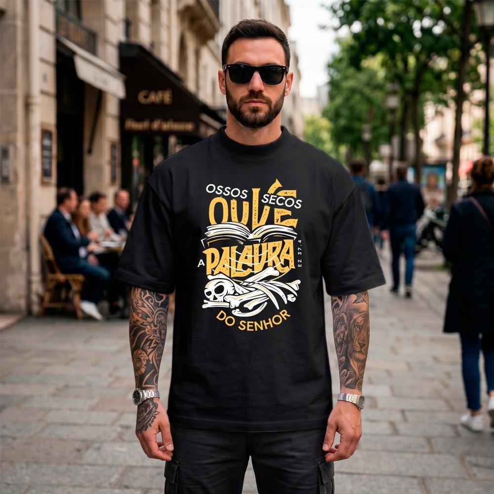 Camiseta Oversized Suedine Masculina Estampada Ossos Secos Ouve a Palavra Streetwear Cristã