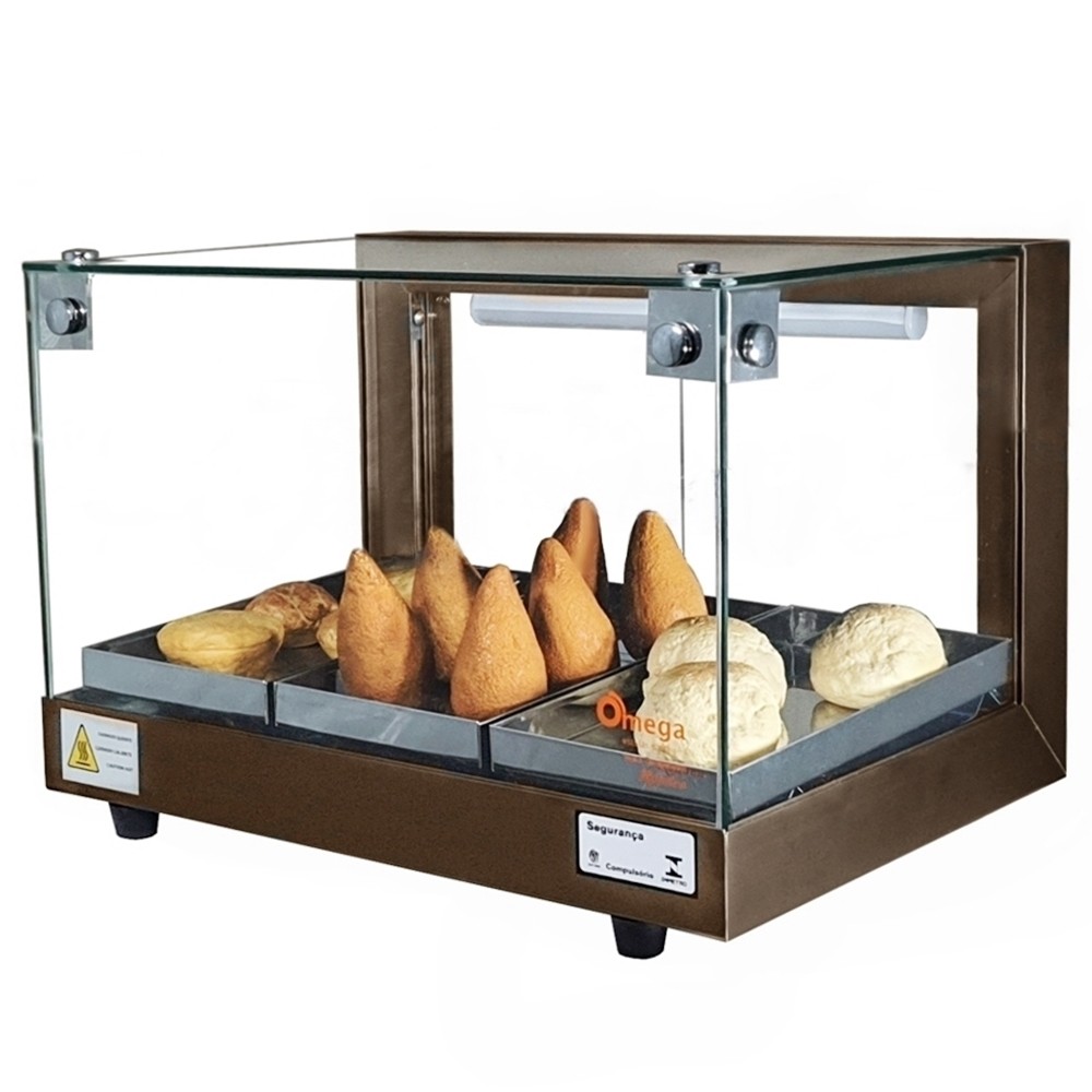 Estufa para Salgados Vitrine 3 Bandejas Aquecida Quadrada Café - Omega
