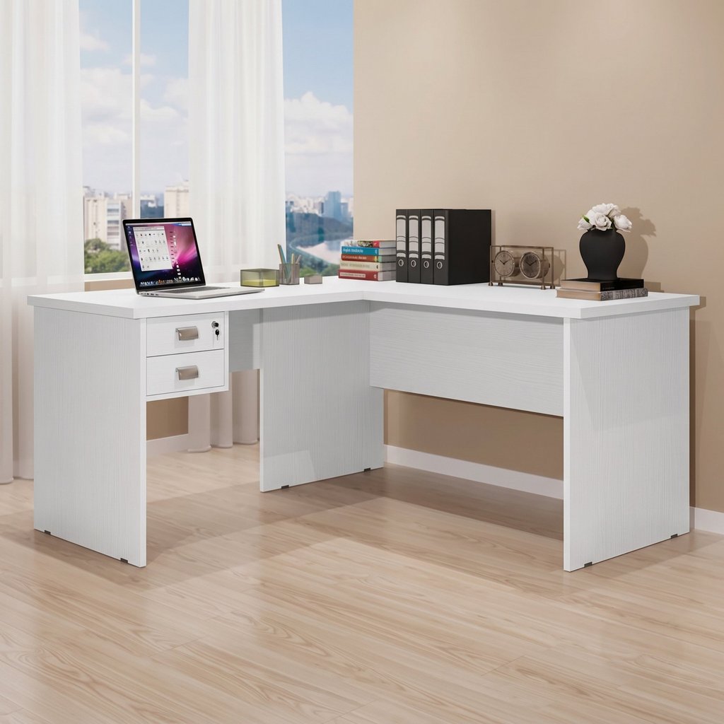 Escrivaninha Mesa Escritório em L Thor 2 Gavetas 150cm Espresso Móveis Branca Branco