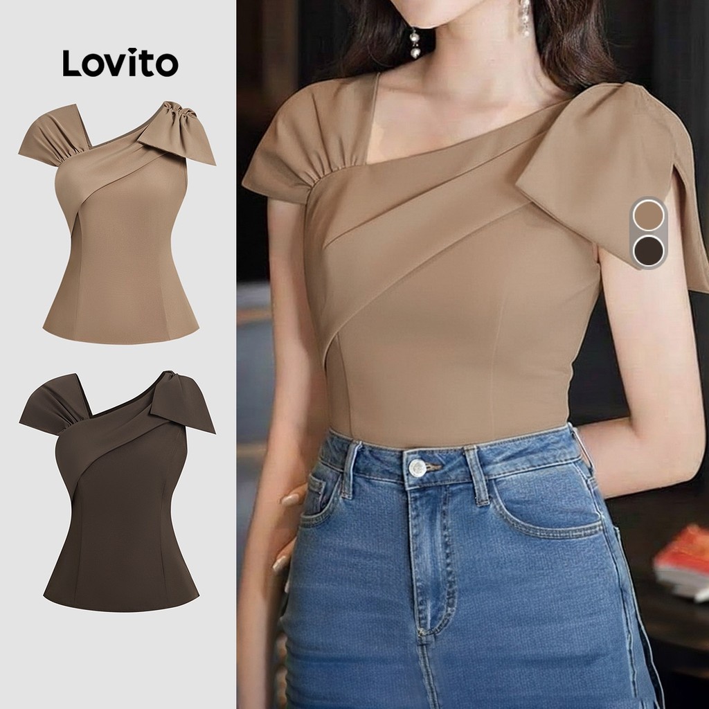 Lovito Elegante Blusa Feminina Design Assimétrico Sensação de Design Primavera/v
