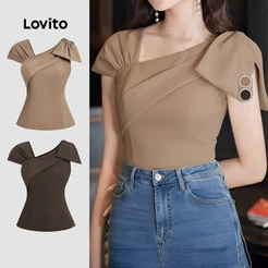 Lovito Elegante Blusa Feminina Design Assimétrico Sensação de Design Primavera/verão Cáqui LBL33129