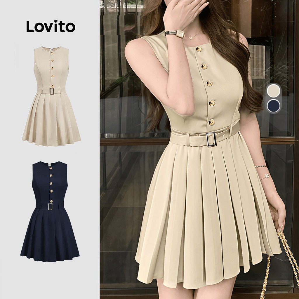 Lovito Casual Vestido plissado botão estrutura linha primavera/verão vestido cáqui para mulheres LK3ED921