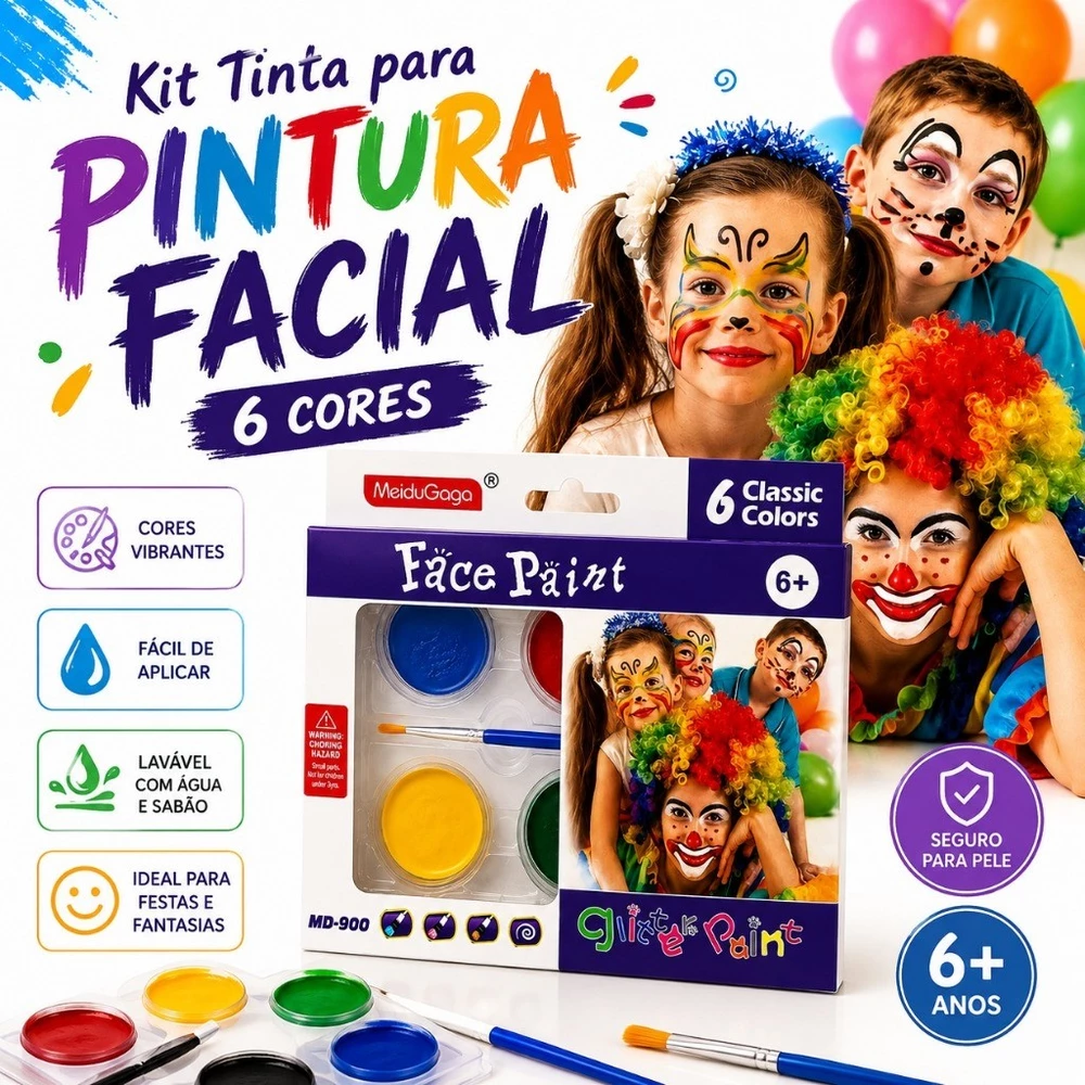 Kit Tinta para Pintura Facial 6 Cores com Pincel Lavável para Festas Fantasias Carnaval Infantil e Eventos