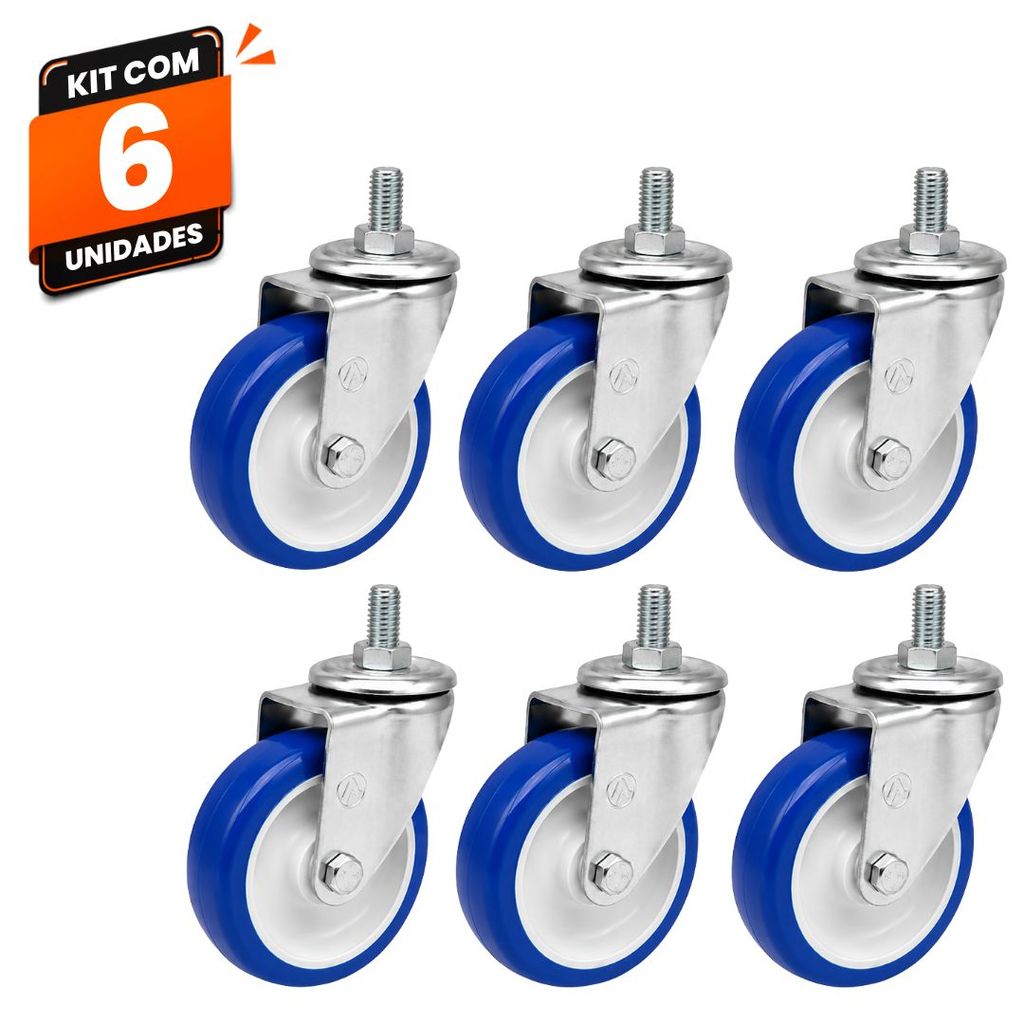 Kit 6 Rodas Rodinhas Giratórias Carrinho Supermercado Mercado Ajax Rosca 4" PVC Azul 100kg Alta Resistência