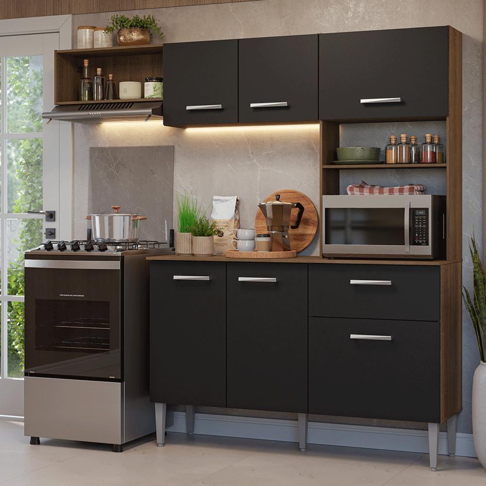 Armário De Cozinha Compacta 196cm Rustic/preto Aura Madesa Rustic/preto