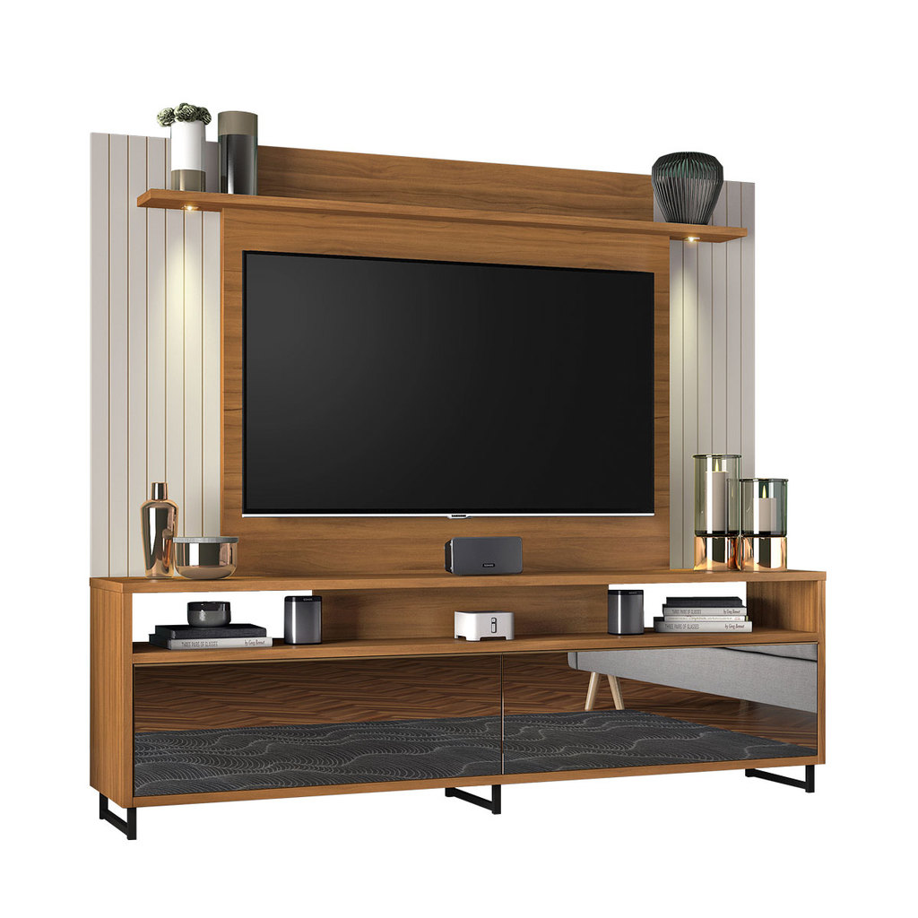 Home Theater 1080 Moderno Para Sala TV 55 Polegadas 2 Portas Espelho Freijó com Off White - Notável