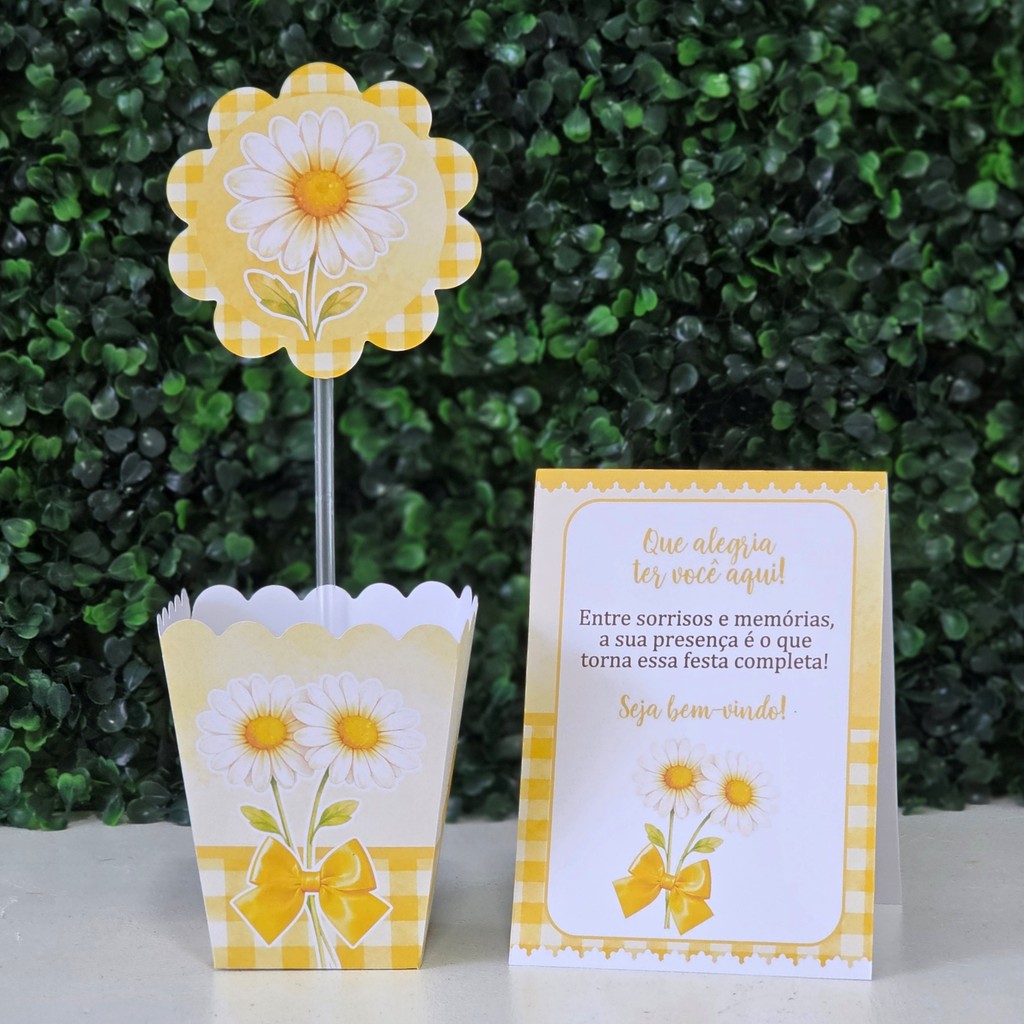 Centros de mesa + Plaquinhas MARGARIDAS AMARELA festa infantis lembrancinhas aniversario decoração personalizados
