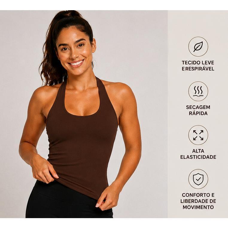 Regata Marrom Treino Fitness Feminino Frente Única Sustentação Costa Nua Blusa Poliamida Básica Camiseta Academia