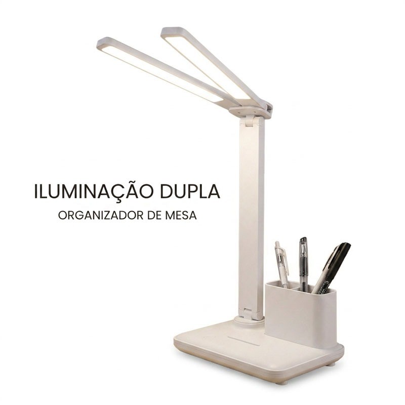 Luminária Estudante com Iluminação Dupla, Ajustável e com Suporte para Lápis, USB Recarregável