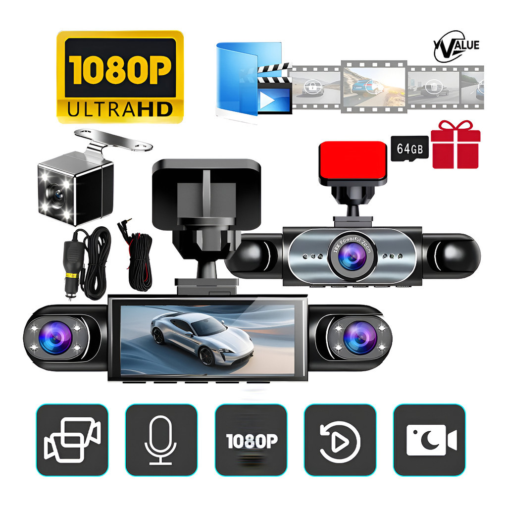 Câmera Veicular Dash Cam 4 Canais Full Hd 1080p Com Visão Noturna 64gb
