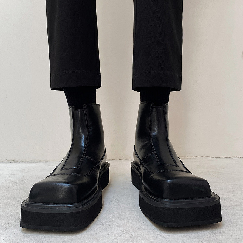 Retro dedo do pé quadrado Chelsea botas masculinas de sola grossa preto zíper botas curtas All-Match Martin botas sapato