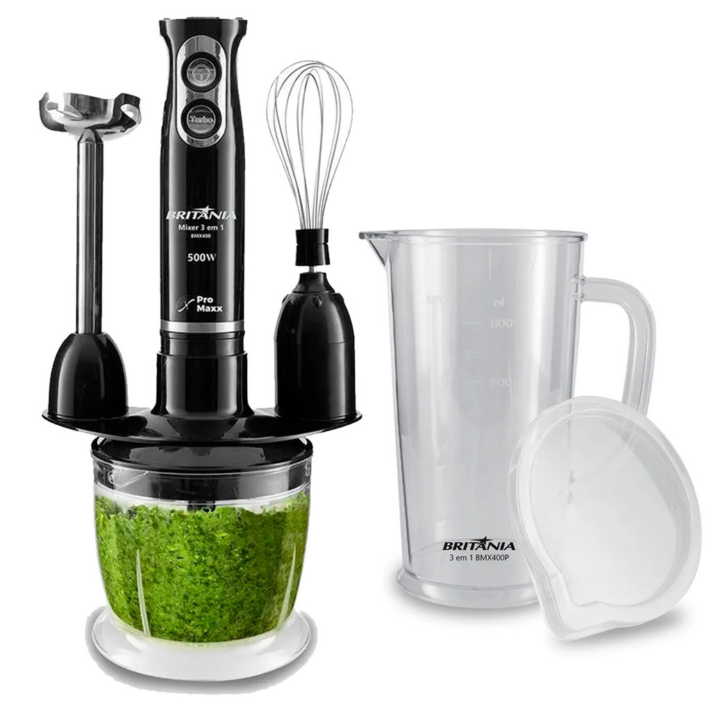 Mixer Britania 500W Turbo 3 em 1 Laminas Pro Maxx Aço Inox, mixer, triturador e batedor 