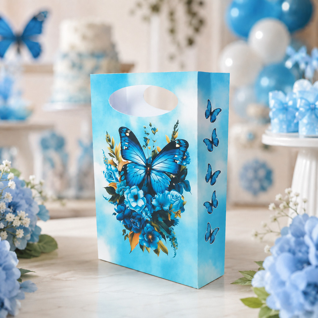Mini Sacolinha Surpresa Personalizada Jardim das Borboletas Azul Lembrancinha Festa Infantil Decoração PEGUE E MONTE