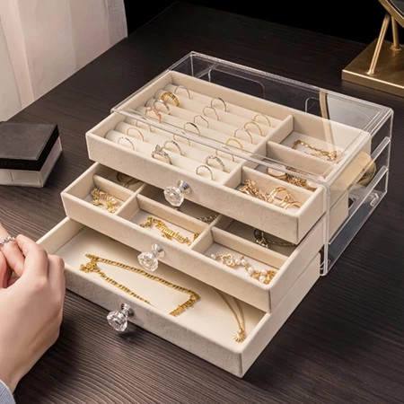 Caixa de Joias de 3 Camadas Estilo Luxo Leve – Organize Brincos e Anéis com Eleg