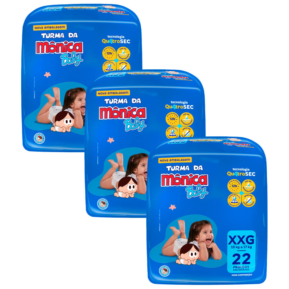Kit 3 Fraldas Turma Da Mônica Mega XXG - 66 Tiras