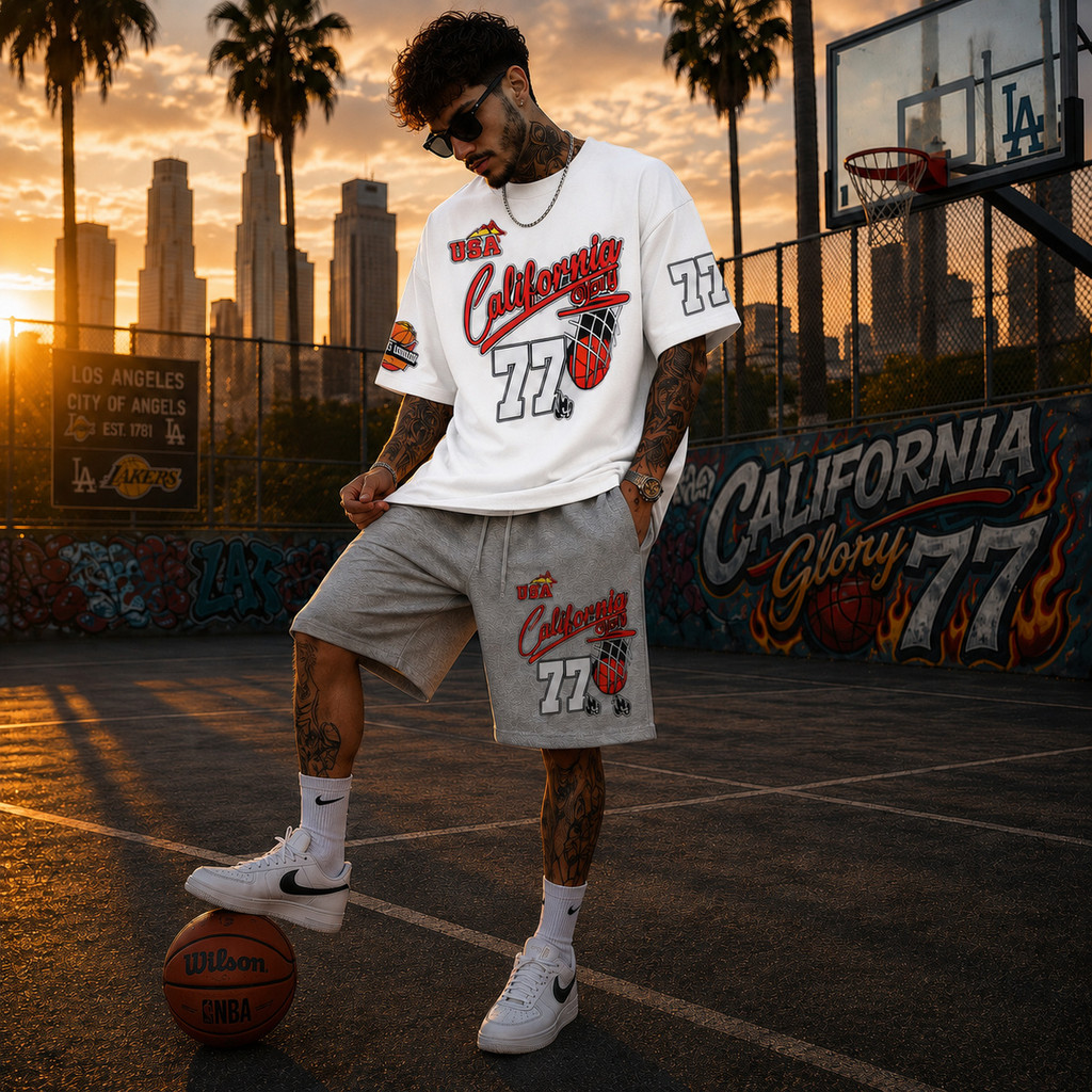 Conjunto Camisa Masculina Algodão com Short Moletom California 77 Estampado Streetwear Y2K