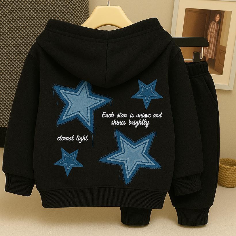 Conjunto Moletom Infantil Juvenil Estrelas Flanelado Grosso com Capuz e Calça Preta Unissex Inverno Premium