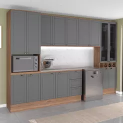 Armário de Cozinha Completa com Balcão Milla Elevate Carraro Nogal com Cinza Titânio