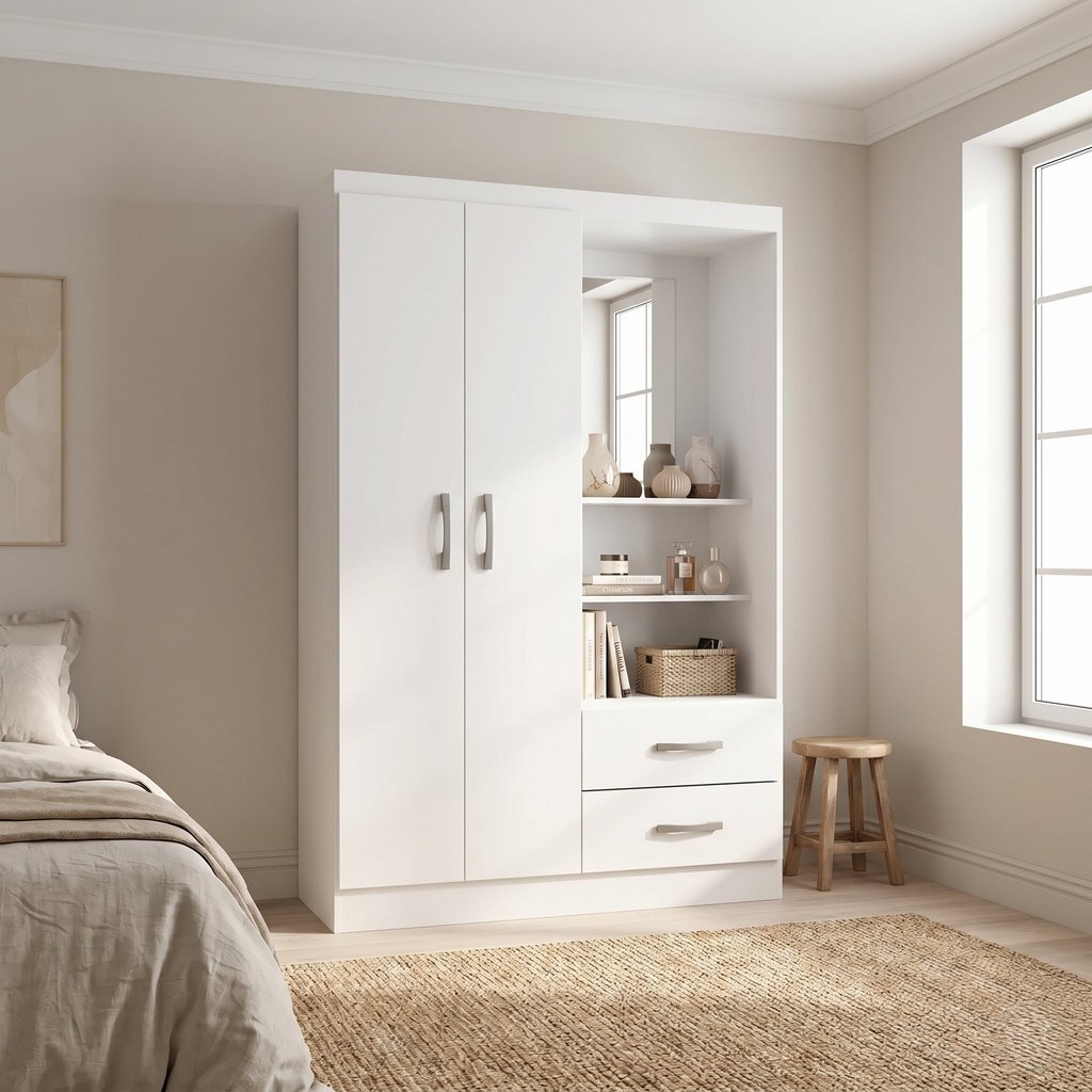 Guarda Roupa Solteiro 2 Portas 2 Gavetas com Espelho Capelinha Branco Yescasa Branco