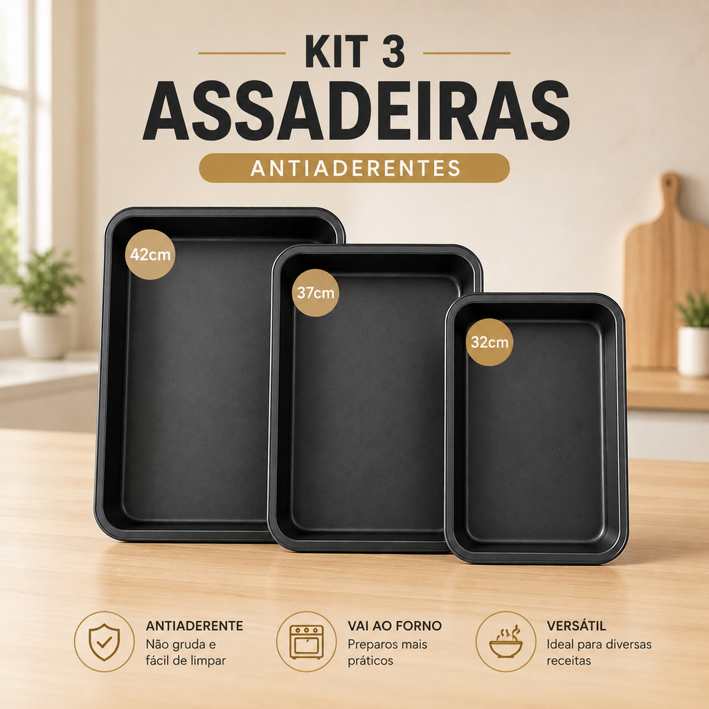 Kit 3 Forma Assadeira Antiaderente retangular funda para Forno 32 37 42 cm Ideal para Bolo Lasanha Carne Frango Cozinha