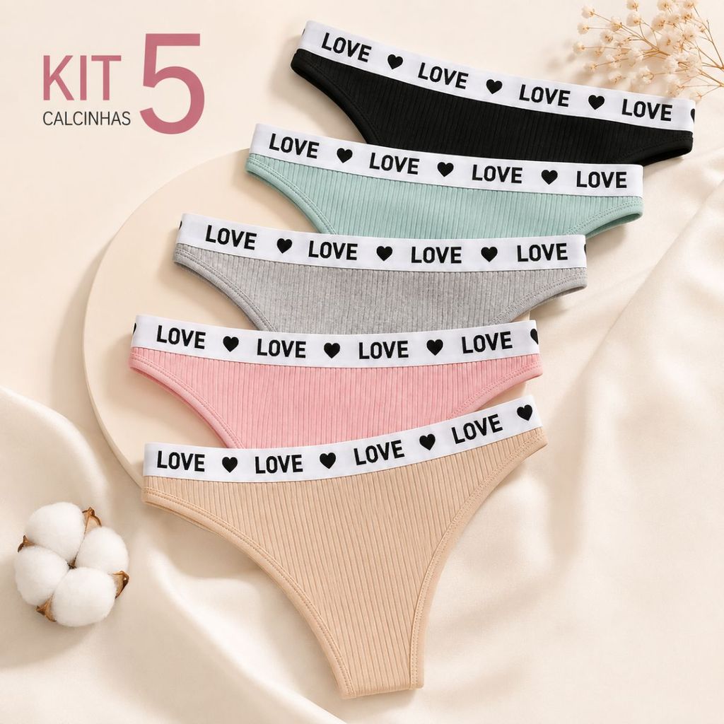 Kit 5 Calcinhas Femininas Caneladas com Elástico LOVE Confortáveis Macias Alta Elasticidade