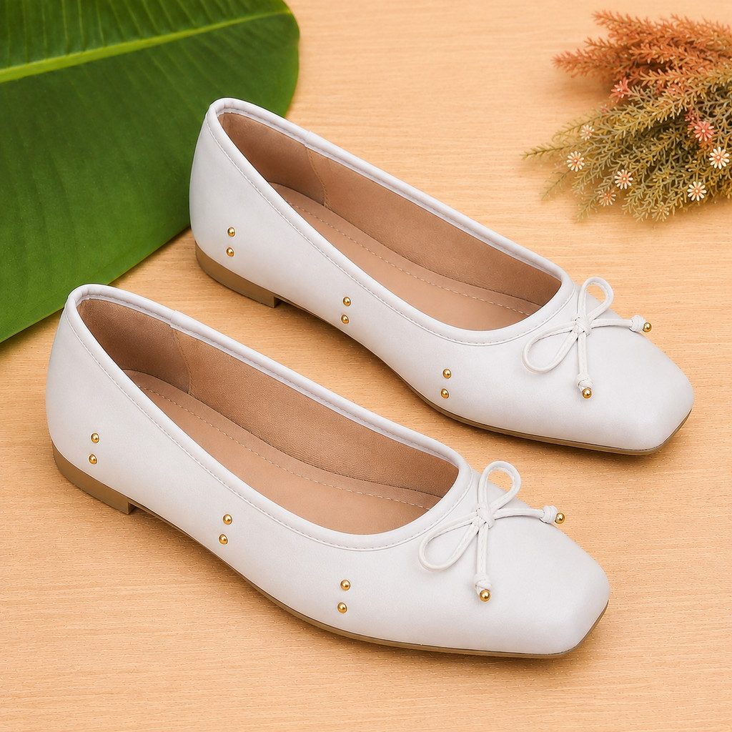 Sapatilha Feminina Branca N°41 Bico Quadrado Com Laço Elegante Confortável Casual Social Moda Feminina Detalhes Dourados