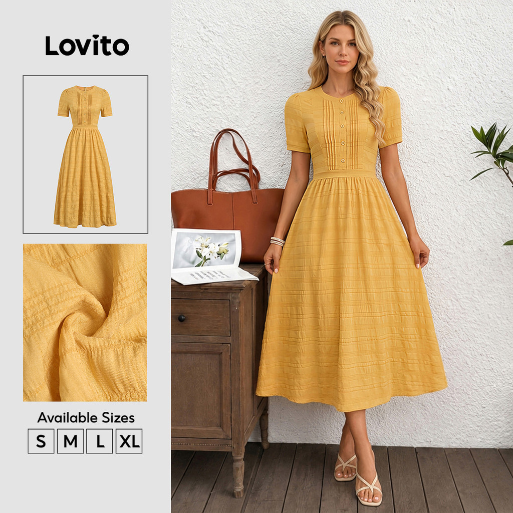 (New Arrival) Lovito Vestido Casual Amarelo De Jacquard Com Botões E Pregas Para Mulheres primavera/verão DRB38BR157
