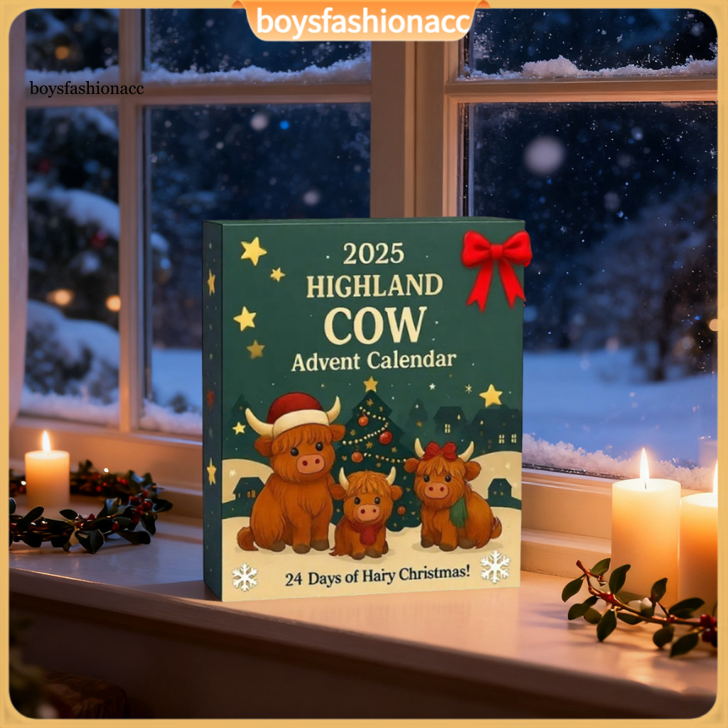 Christmas Advent Calendar Box with Highland Cow Pendant – 24-day Countdown Ornament Festive Holiday Party Decoration P