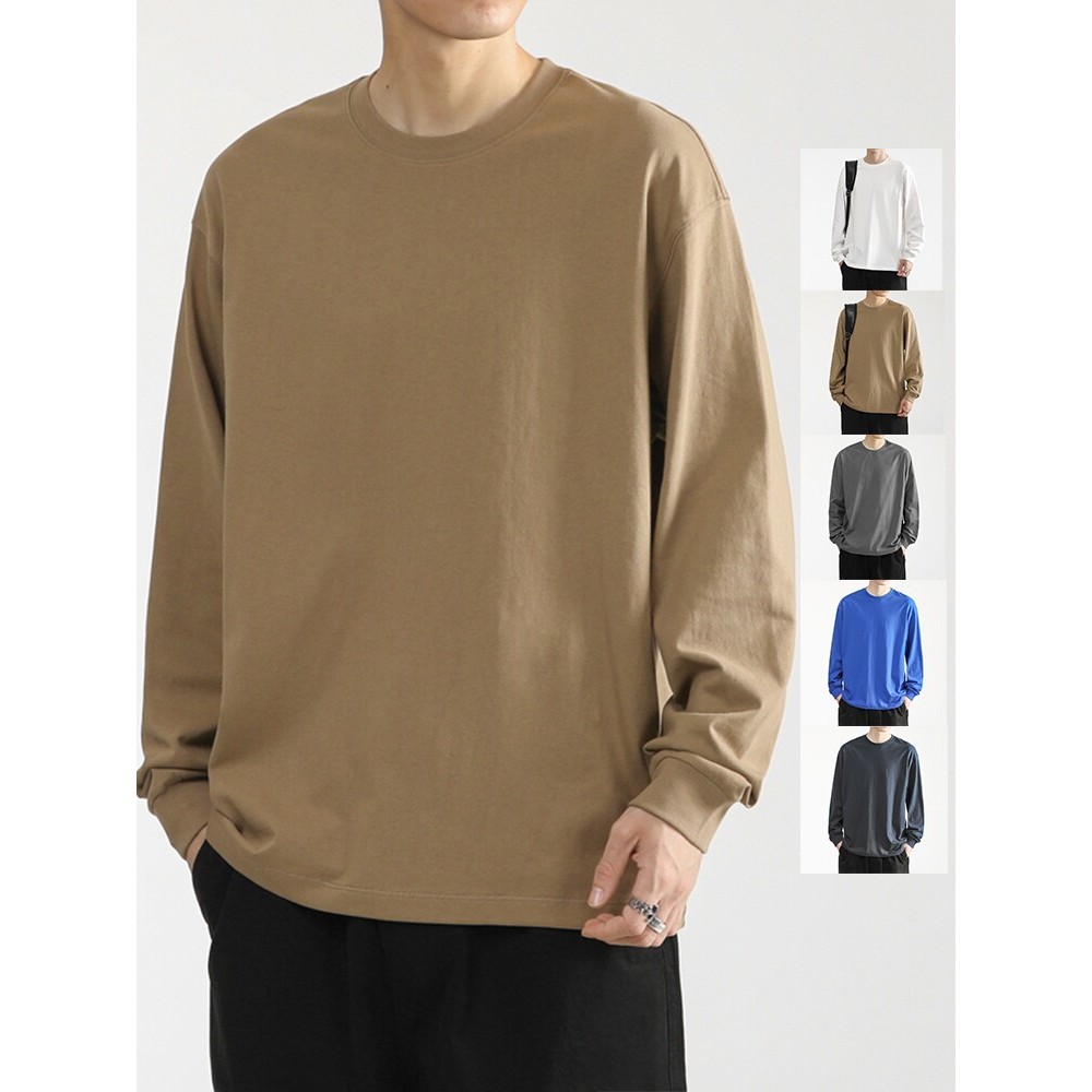 260g pesado camiseta de manga comprida masculina algodão puro cor sólida solta primavera outono moletom em torno do pesc