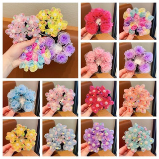 Rede de cabelo infantil, rede de cabelo com flores de malha e contas, acessório de cabelo estilo coreano para balé.