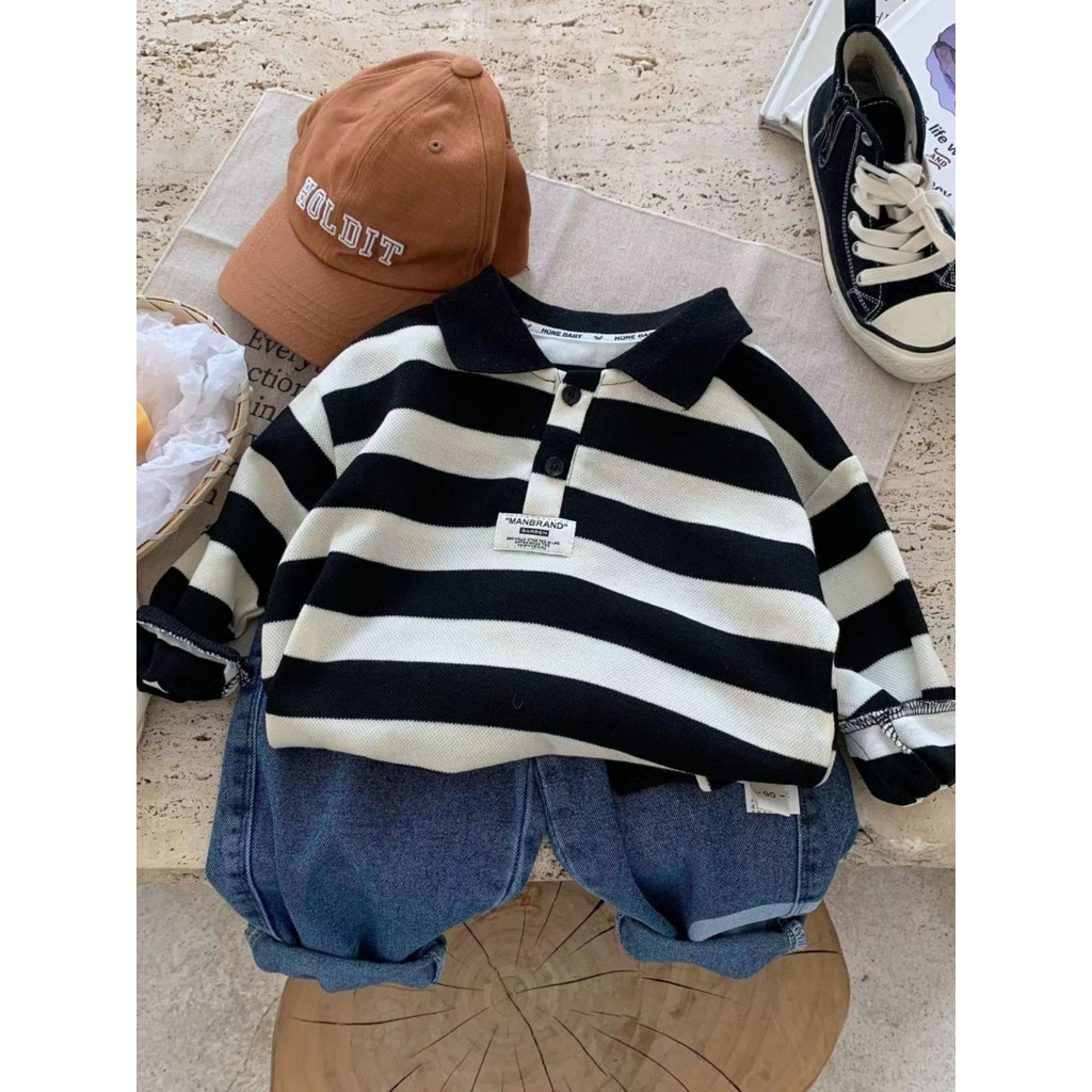 Menino bebê menino lapela camisa polo 2025 primavera outono novo estilo crianças dos desenhos animados Casual listrado s