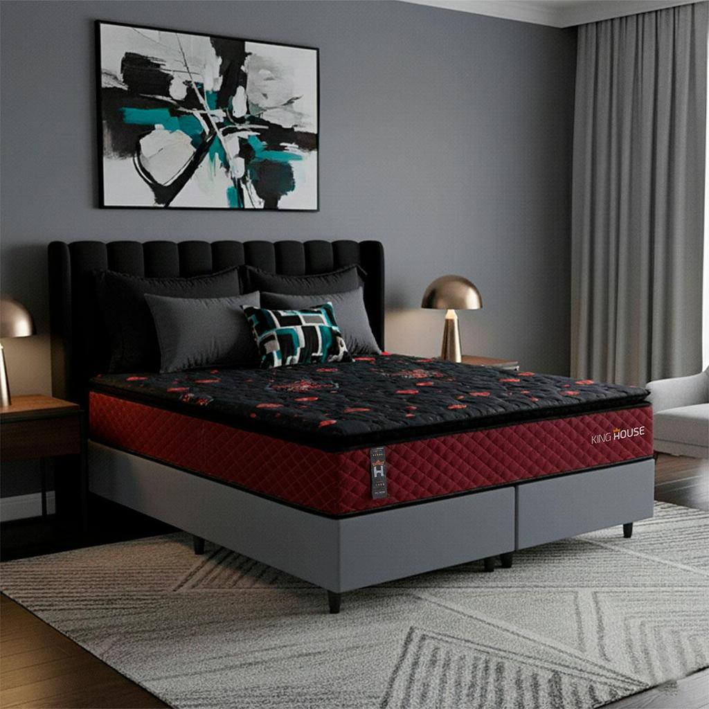 Conjunto Cama Box c/ Molas Ensacadas Toronto Vermelho King 193x203x66